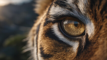 Ultra close-up of a tiger’s eye glowing gold in sharp focus, surrounded by fur illuminated in warm bright light, vibrant jungle greens blurred behind.