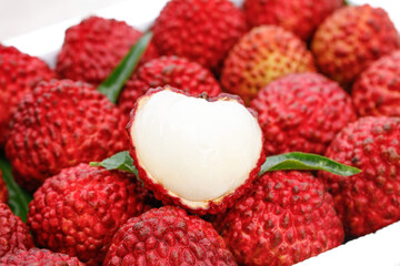 Fresh Lychee Fruits with Red Textured Skin and White Flesh - Tropical Exotic Fruit Harvest