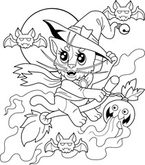 cute cat witch, educational coloring book for kids
