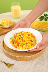 Fresh Corn Kernels and Ham Mixed Salad - Gourmet Healthy Meal with Colorful Vegetables on White Plate