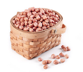 Fresh Raw Peanuts in Wicker Basket on White Background