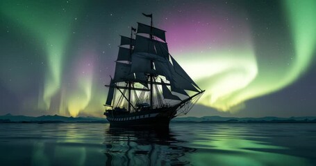 Gliding historic sailing ship across polar waters, with breeze lifting sails under aurora borealis - Powered by Adobe