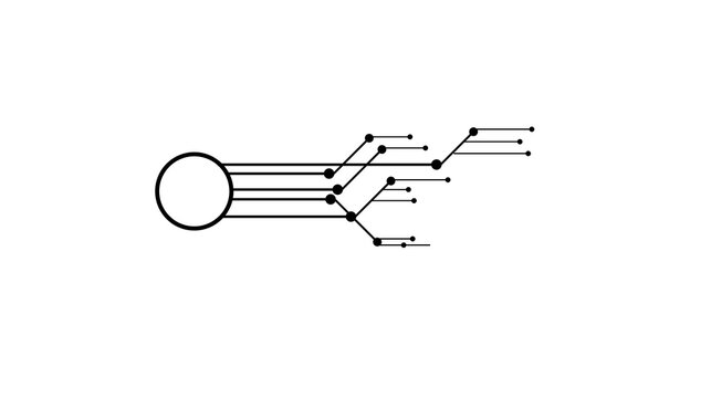 Abstract black and white illustration of a digital network hub with branching data connections and information flow, symbolizing technology and communication