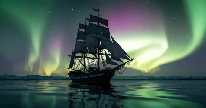 Gliding historic sailing ship across polar waters, with breeze lifting sails under aurora borealis - Powered by Adobe