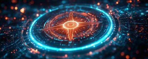 Glowing Compass Rose Representing Technological Progress and Future Exploration