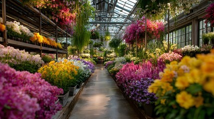 Obraz premium Long, inviting aisle inside a greenhouse is flanked by shelves laden with a vast array of colorful potted flowers and plants, very lively.