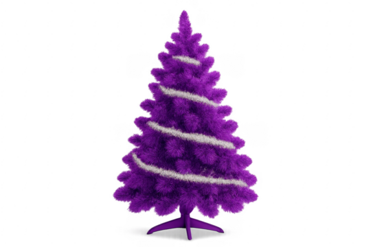 Purple christmas tree with silver garland on transparent background