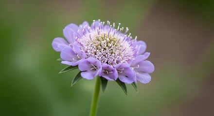 Closeup of a beautiful purple pincushion flower in full bloom on green background