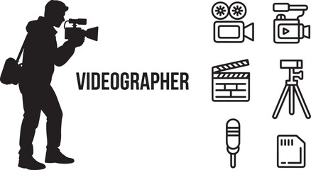 Videographer with Camera and Video Equipment Icons on Transparent Background