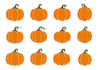 Twelve Orange Pumpkins with Green Stems Vector Graphics.