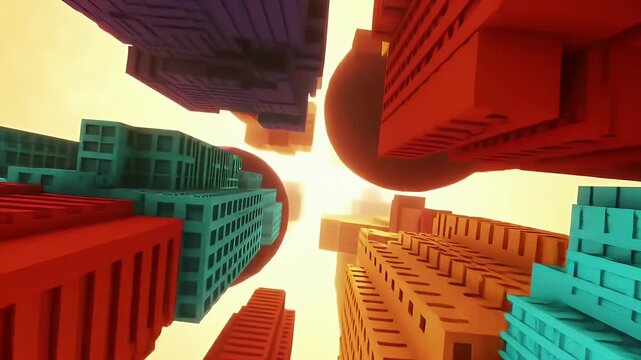 Abstract Cityscape with Teal Red and Orange Geometric Structures Against a Bright Sky