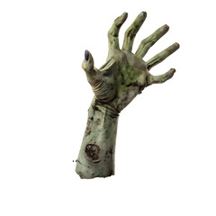 Fototapeta premium Zombie hand decaying severed arm with green rotting flesh and exposed bones Halloween horror prop featuring detailed texture and gruesome details on