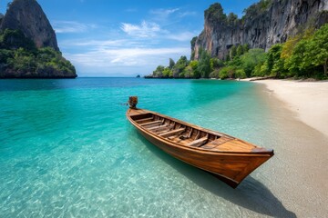 Traditional longtail boat moored in the shallow, crystal clear waters of a tropical paradise