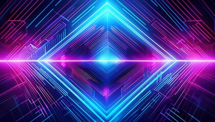 futuristic abstract background with glowing neon geometric shapes and lines in vibrant blue and magenta symbolizing cyberspace technology and data visualization