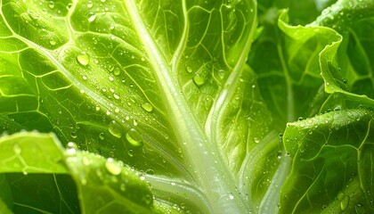 A ultra hyper-realistic, macro shot of a crisp, fresh lettuce leaf with its intricate veins and dewy surface.