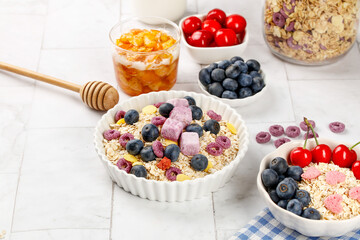Healthy Oatmeal Breakfast Bowls with Fresh Berries and Yogurt Chunks for Weight Loss