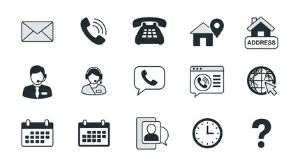 Essential business icons for contact, communication, and scheduling needs on white background