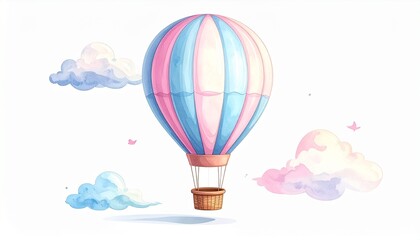 Watercolor Pastel Hot Air Balloon with Clouds in the Sky

