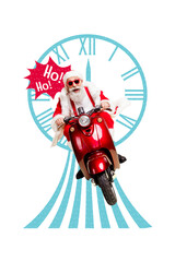 Fototapeta premium Vertical collage image elder man santa claus ride scooter moped hoho xmas crhistmas new year holiday fast speed delivery presents