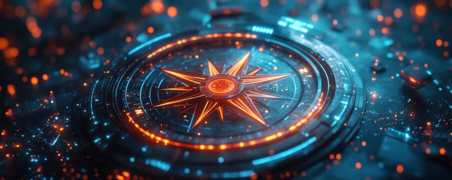 Illuminated Compass Rose Symbolizing Guidance and Technological Advancement in Blue - Powered by Adobe