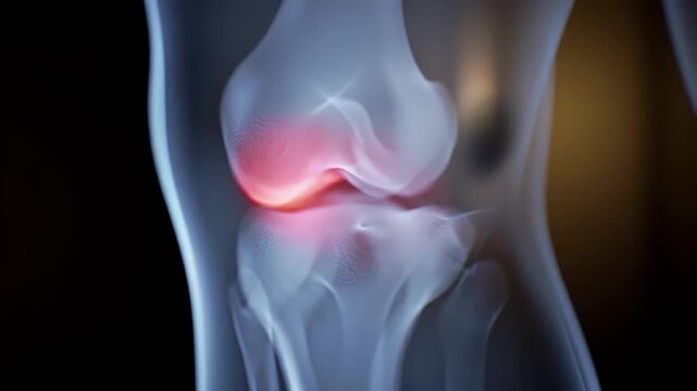 Knee Joint X Ray View with Red Highlight on Pain Area on Dark Background