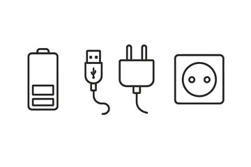 Vector icon set of battery charging elements. USB cable, wall charger, and power outlet line icons. Energy, electricity, and mobile technology concept illustration. Editable stroke.
