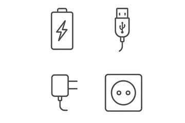 Power and charging thin line icon set. Battery, USB cable, charger, and electrical outlet symbols. Vector icons for energy, electricity, technology, and device connection.