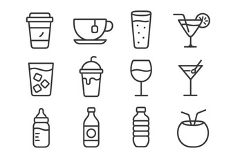 Beverage and drink thin line icon set. Coffee, tea, cocktail, wine, water, and juice vector icons. Editable stroke for web, app, and print. Food and drink symbols.
