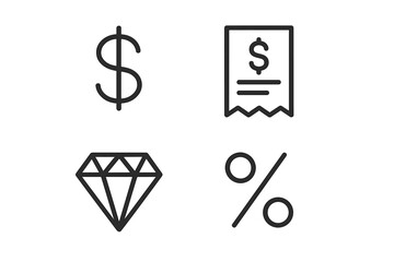 Finance and commerce line icon set. Dollar, receipt, diamond, percent signs. Vector symbols for money, banking, shopping, sales, value and luxury. Editable stroke for web, app.
