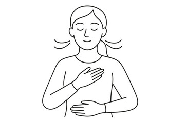 Calm woman practicing deep breathing exercise for relaxation and stress relief. Mindful girl doing meditation for mental health and wellness. Inhale and exhale concept. Vector.