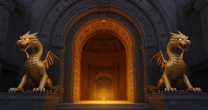 Pulsing ember creating shifting highlights across carved archway and dragon scales inside temple