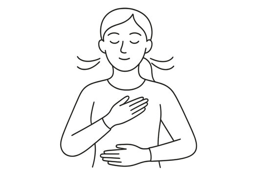 Calm woman practicing deep breathing exercise for relaxation and stress relief. Mindful girl doing meditation for mental health and wellness. Inhale and exhale concept. Vector. - Powered by Adobe