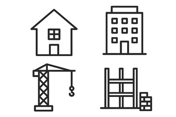 Construction line icon set. Real estate and architecture symbols. House, office building, crane, and construction site pictogram. Vector for web, app, logo. Editable stroke.