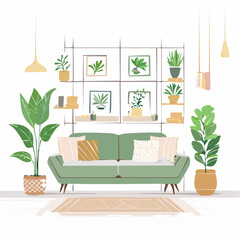 Green Sofa With Houseplants In Living Room