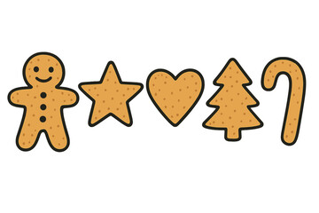 Christmas cookies vector set. Hand-drawn gingerbread man, star, heart, tree, candy cane shapes. Festive holiday baking cartoon illustration. Sweet dessert food graphic elements.