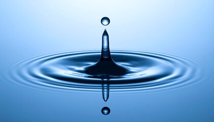 A single droplet impacts a tranquil surface, creating ripples and a perfect mirror reflection in shades of blue