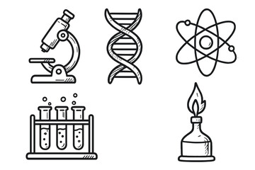 Hand drawn science icon set. Vector cartoon illustration of microscope, DNA, atom, test tubes, bunsen burner. Doodle sketch for chemistry, biology, physics, lab research.