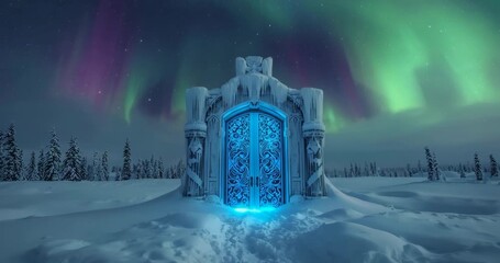 Pulsing ornate ice door emitting blue light on snow plain with evergreen trees, aurora drifting - Powered by Adobe