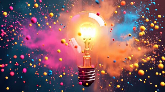Light bulb exploding with colorful powder, creativity concept
