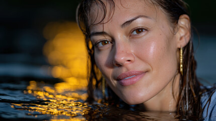 Fototapeta premium A captivating portrait of a woman submerged in water, with golden reflections creating a serene atmosphere, exemplifying beauty, tranquility, and connection with nature.