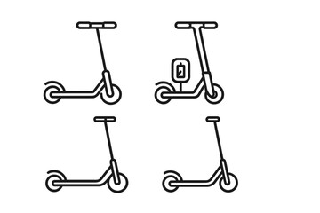 Electric and kick scooter minimalist line art icon set. Vector illustration for urban mobility, transport concepts. E-scooter sharing, rental business and eco-friendly travel.