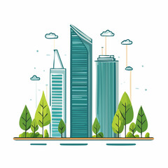 Green Teal Skyscrapers with Lush Green Trees and Clouds