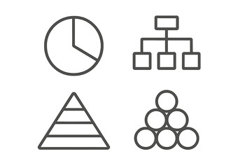 Editable stroke icon set of pie chart, hierarchy diagram, pyramid layers, and stacked circles, vector cartoon illustration for websites, books, cards, apps design elements