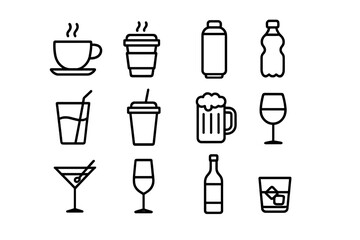 Set of Minimalistic Line Icons for Coffee, Soft Drinks, Alcoholic Beverages, Editable Stroke Vector Pictograms for Cards, Apps, Banners, Social Media Posts, Design Elements
