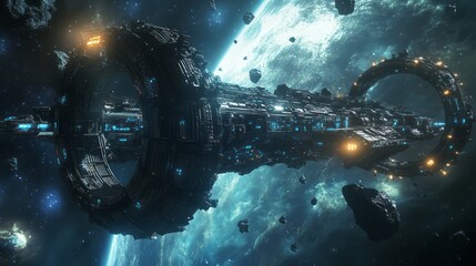 Fototapeta premium Imagine a scene a futuristic spaceship, showcasing advanced technology. It blends adventurous exploration with universal mysteries, evoking awe and curiosity about the cosmos and the infinite universe