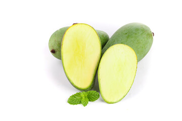 Fresh Green Hainan Mango Slices with Mint on White Background - Raw Tropical Fruit from China