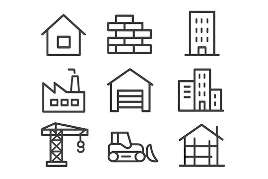 Minimalistic Linear Construction Icons Set, Editable Stroke Vector Pictogram for Building, Factory, Crane, Machinery, Warehouse, Urban Development, and Industrial Design Projects
