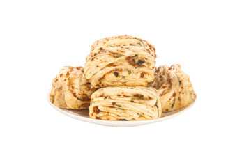 Steamed Pork and Scallion Buns Chinese Rolls on White Plate Background