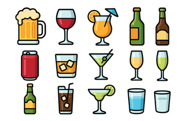 Soft drinks and alcoholic beverages outline icons bundle, including beer mug, wine glass, cocktail, bottle, canned drink, whiskey glass, martini glass, and more for card and app design