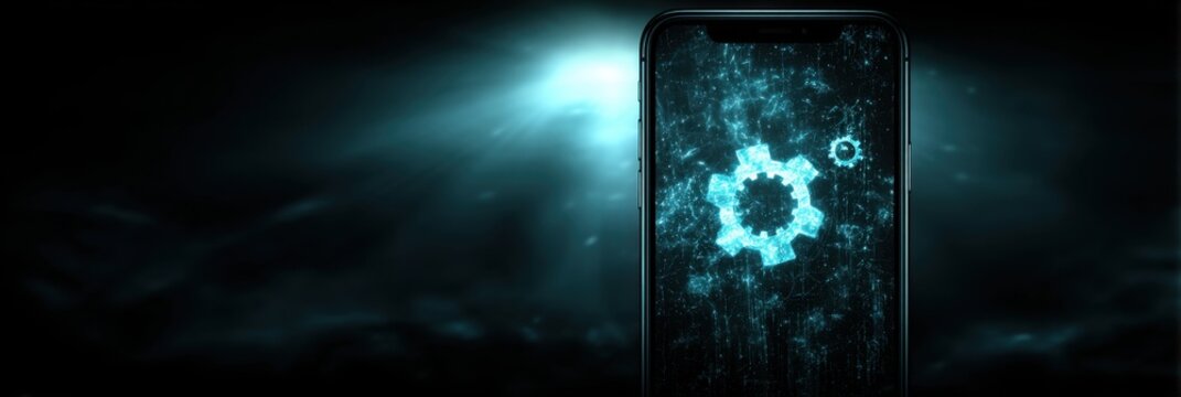 Smartphone app settings concept with a gear symbol, blue neon and dark background
